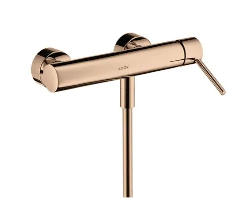 Ein AXOR-Wandbrausemischer in Polished Red Gold mit einem seitlichen Hebel zur Temperatur- und Wasserregulierung, montiert auf zwei runden Wandanschlüssen.